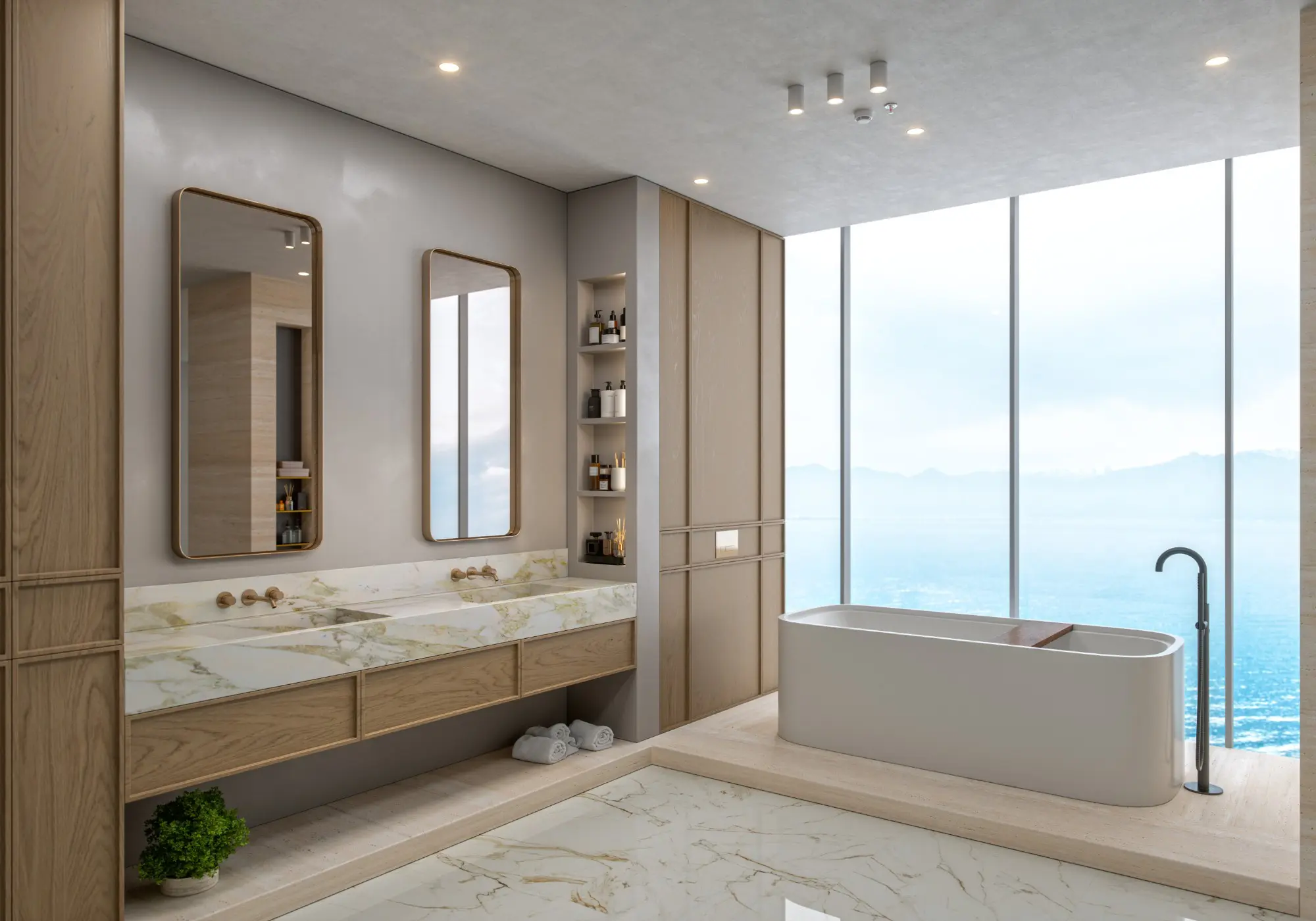Modern bathroom with freestanding tub and decor.