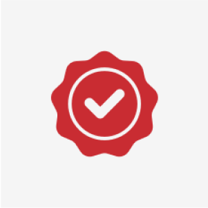 Red badge with white check mark.