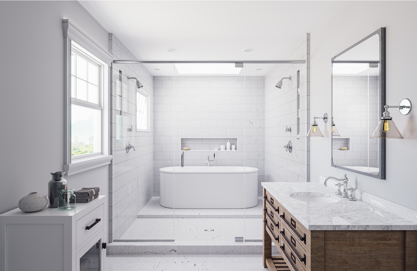 Modern bathroom with freestanding tub and decor.